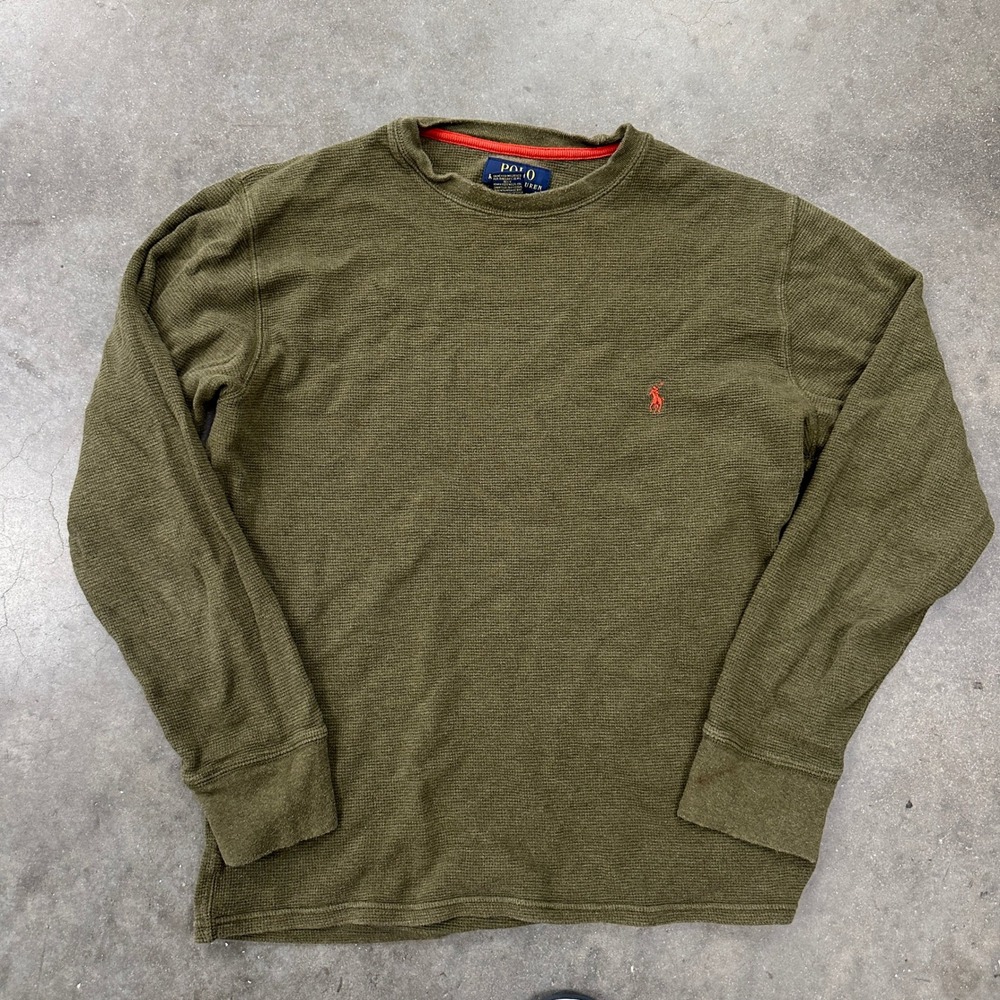 Polo Ralph Lauren Mens Medium Olive Green Waffle Knit Thermal Long Sleeve Shirt